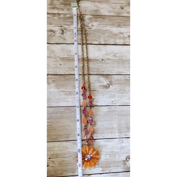 VTG Daisy Necklace Pendant Faceted Beads Rhinestone Estate Orange Red Gold Tone - Picture 6 of 7